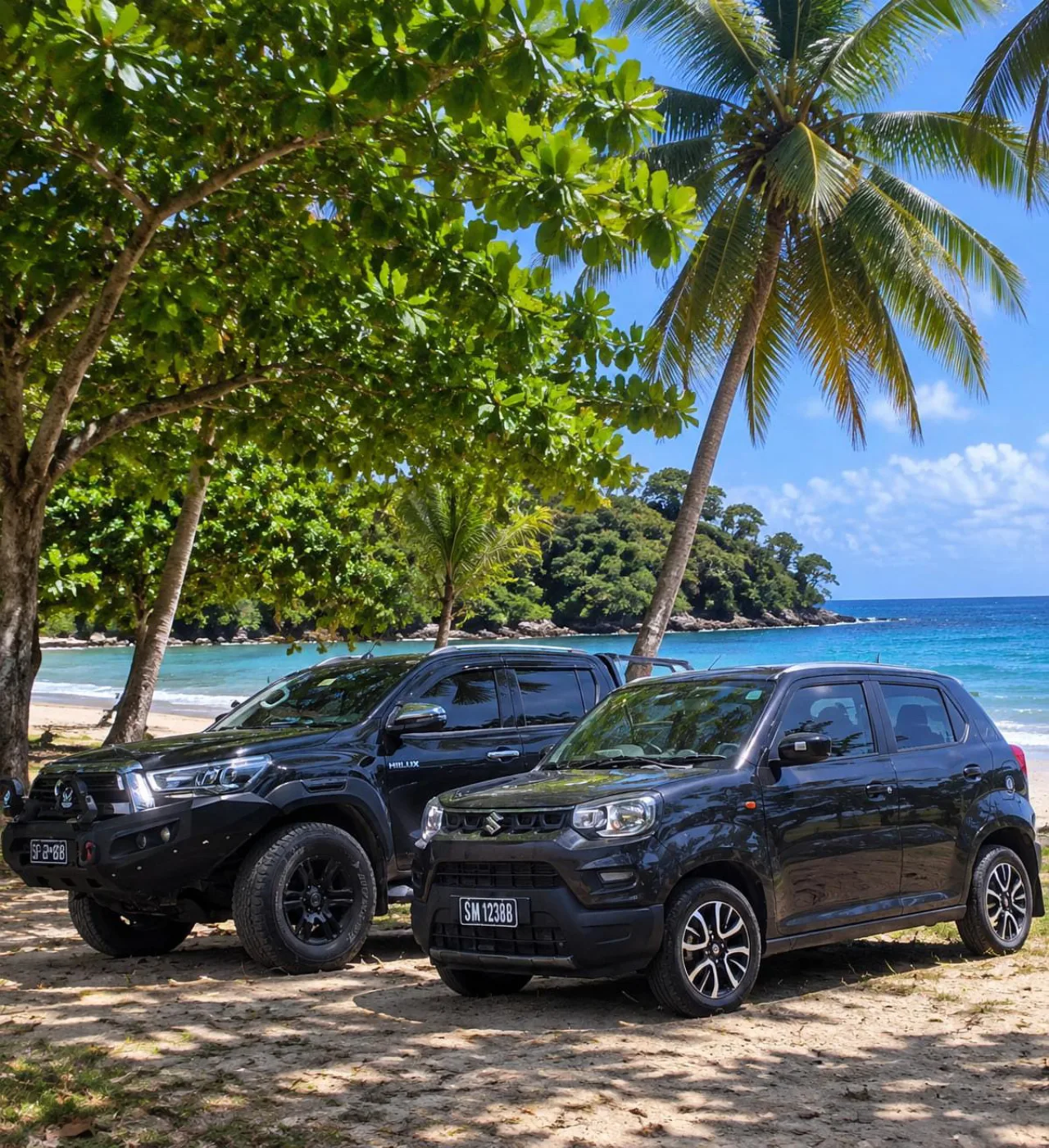 Black Santo Tropical 4WD and compact rental vehicles at a beach