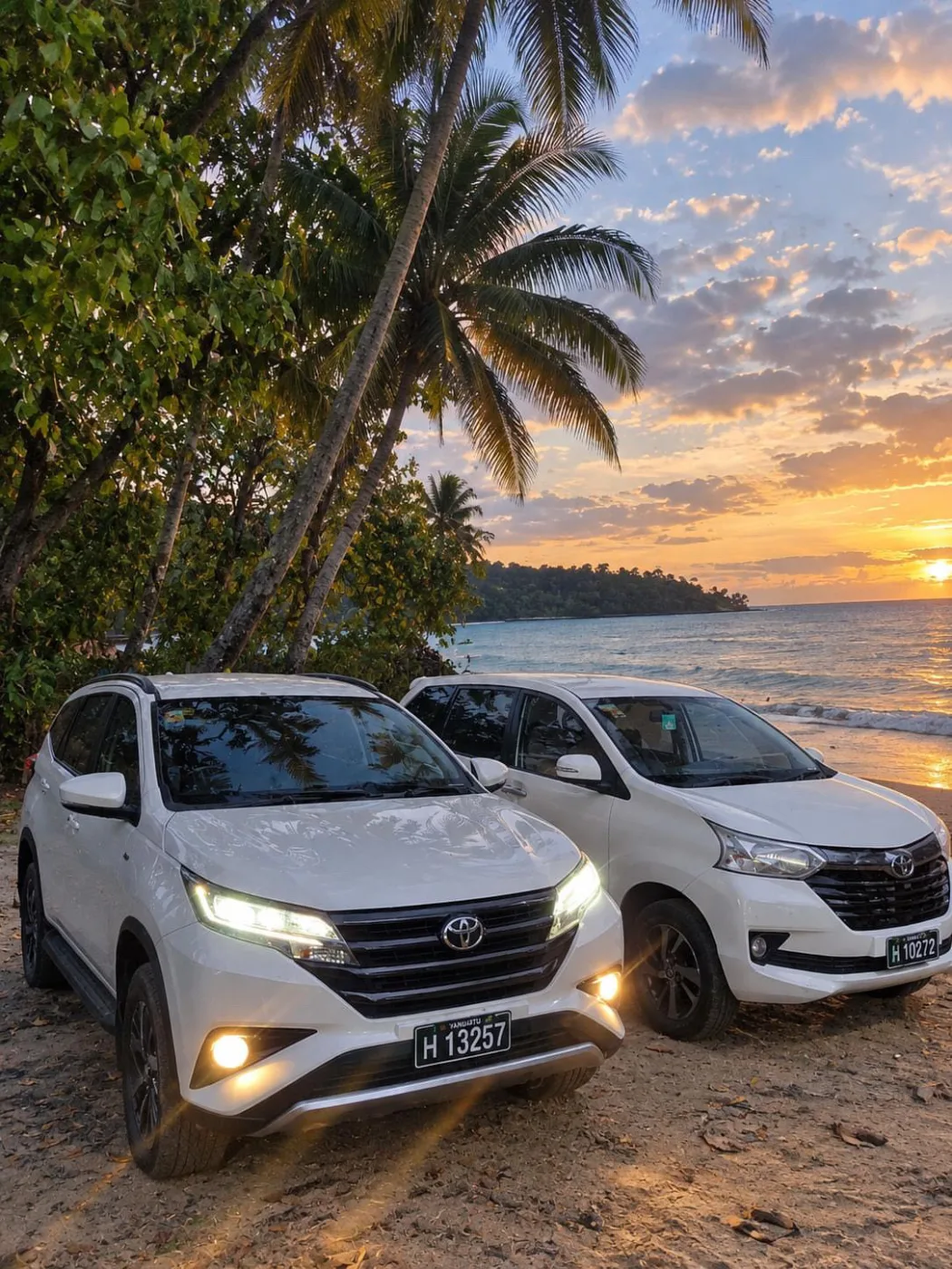 Santo Tropical rental vehicles by the coast at sunset